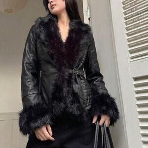 Indie Sleaze Faux Leather Fur Trim Jacket 90s Vamp Grunge